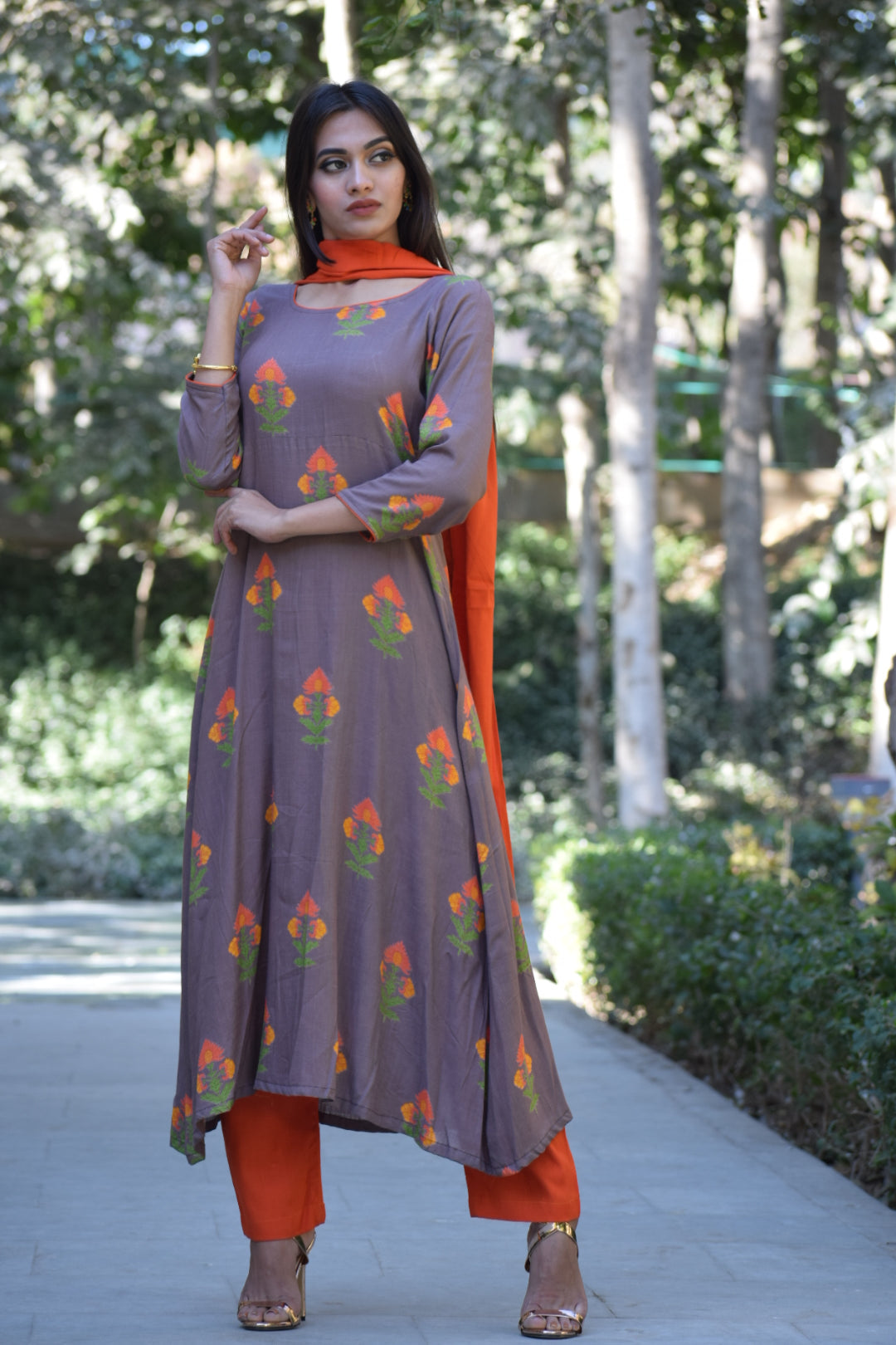 Grey Orange Printed Suit Set