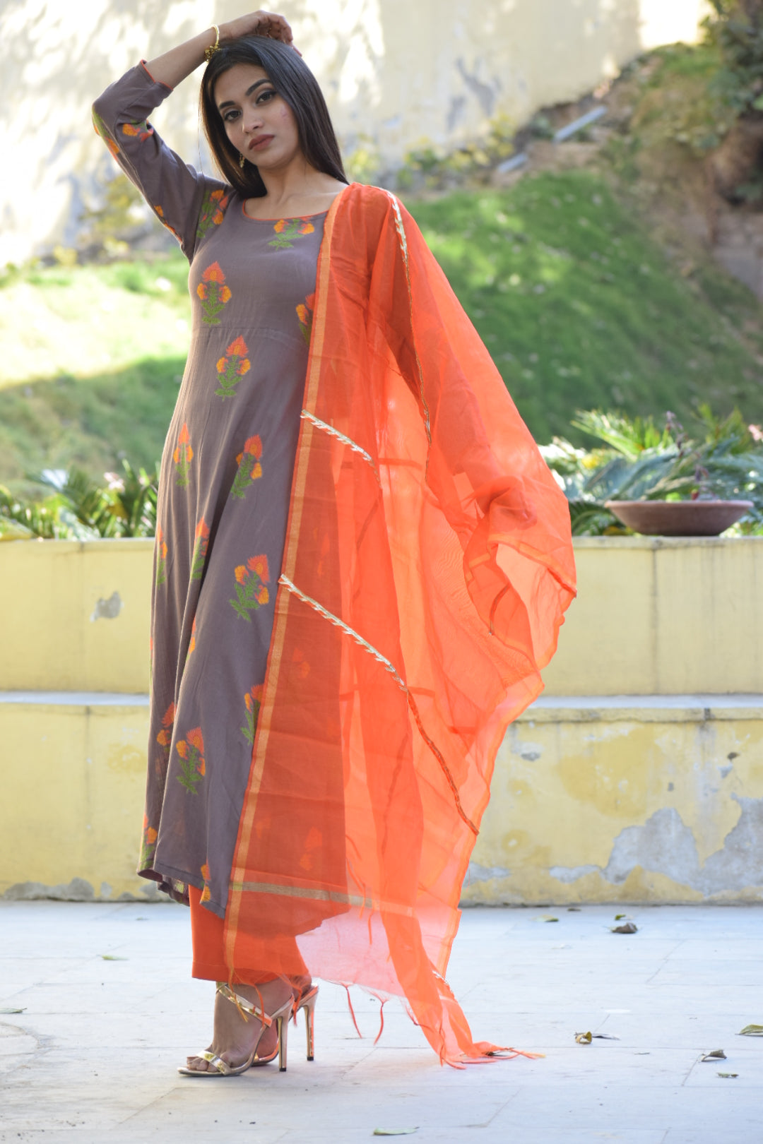 Grey Orange Chanderi Suit Set
