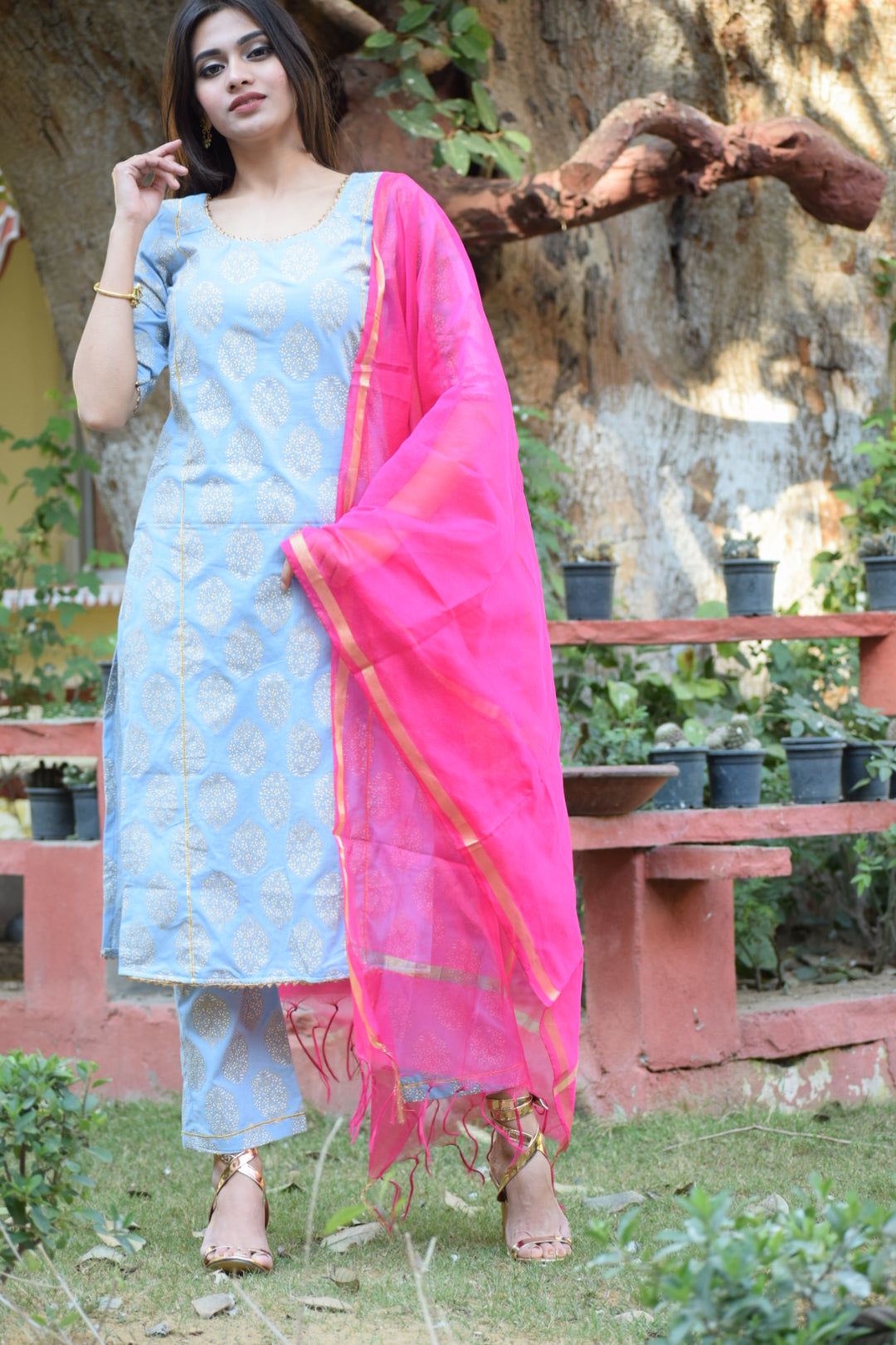 Powder Blue-Pink Handblock Suit Set