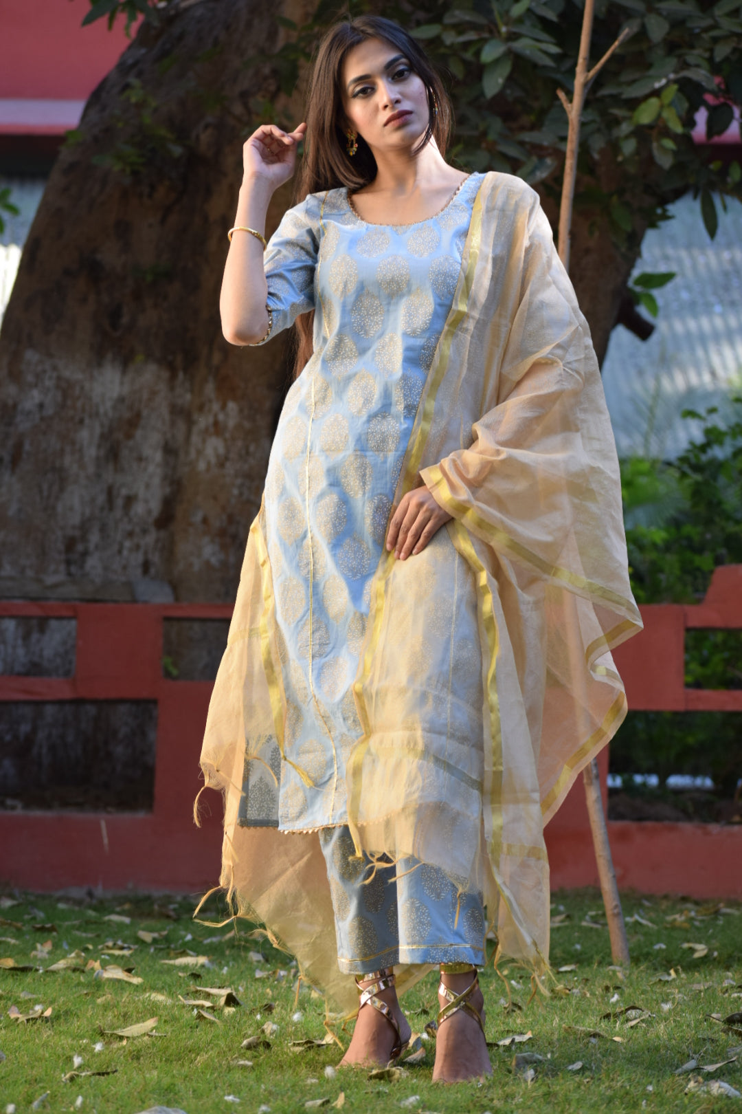 Powder Blue-Gold Handblock Suit Set