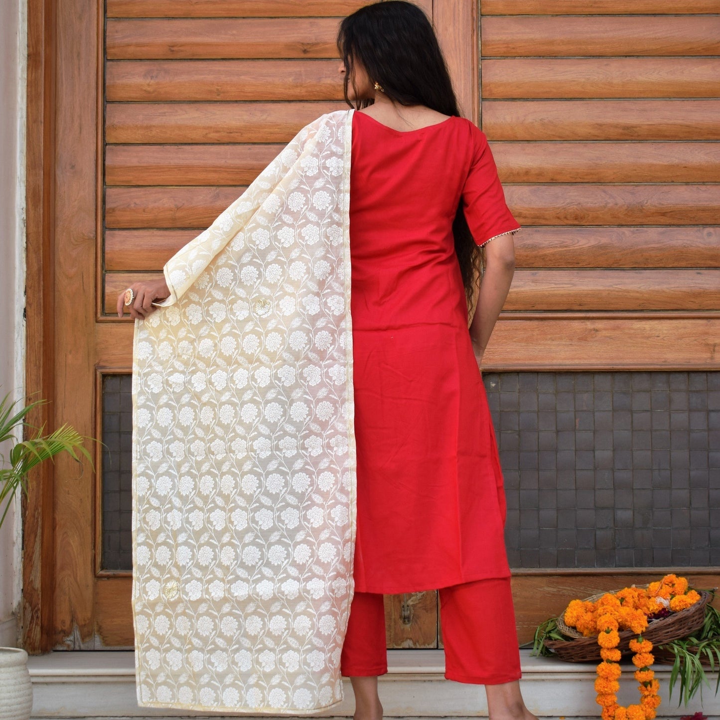 Red Solid Rose Suit Set