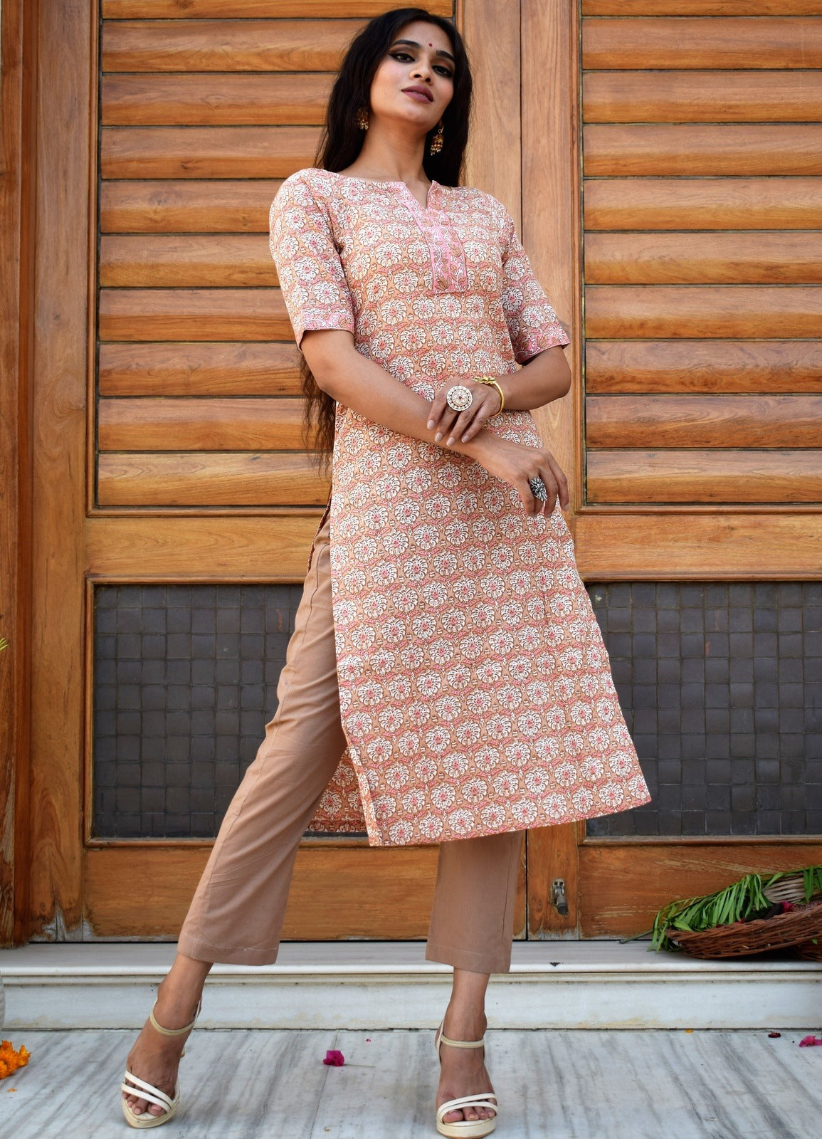 Peach Handblock Kurta Set
