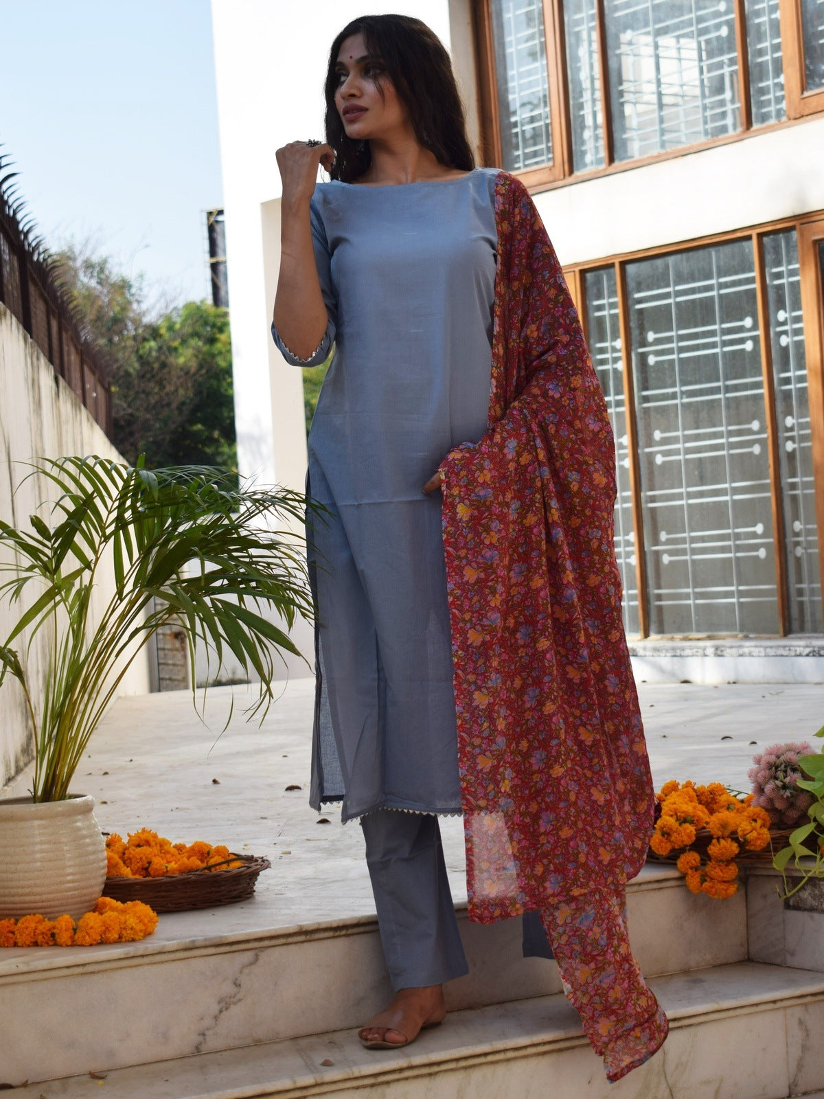 Turquoise Blue Floral Suit Set