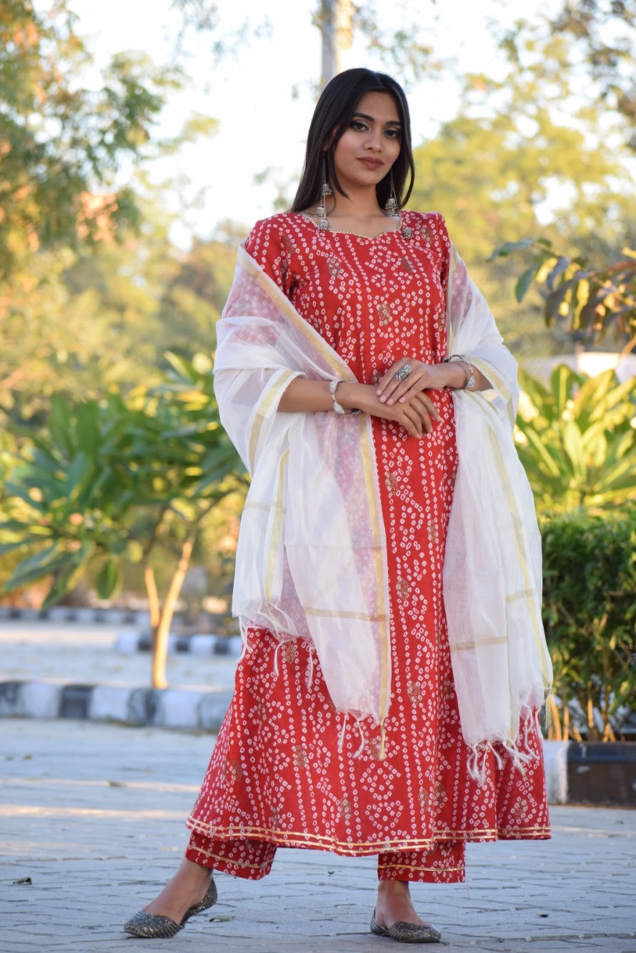 Red Bhandej Suit Set With Chanderi Dupatta
