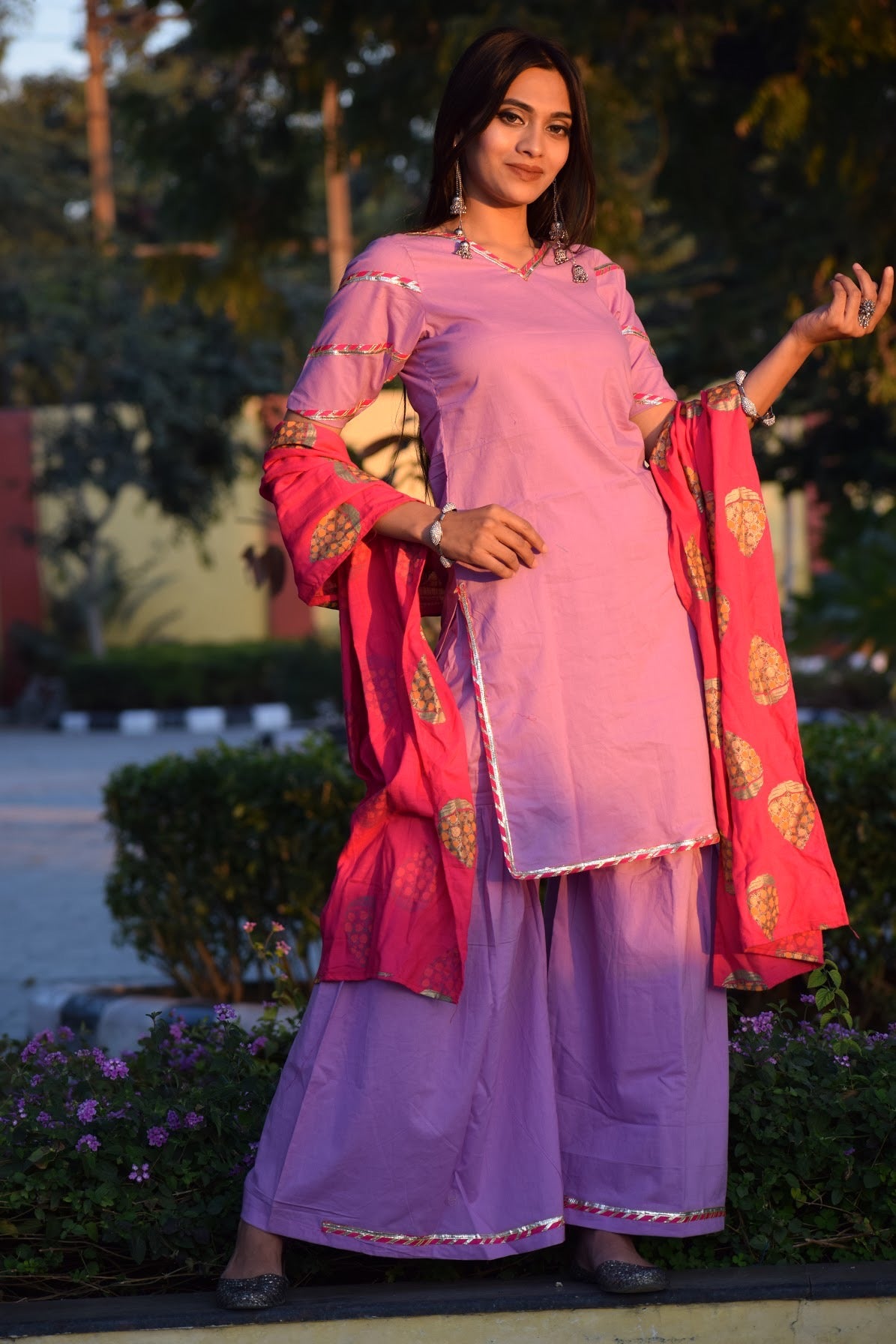Lavender Pink Foil Sharara Set