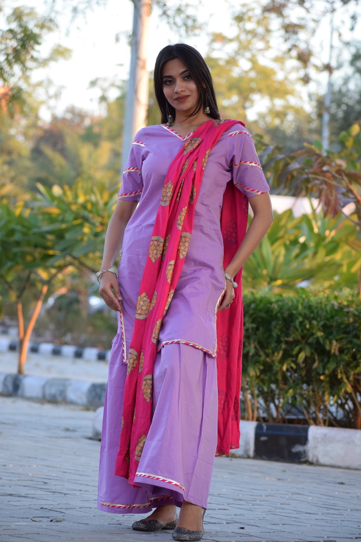 Lavender Pink Foil Sharara Set