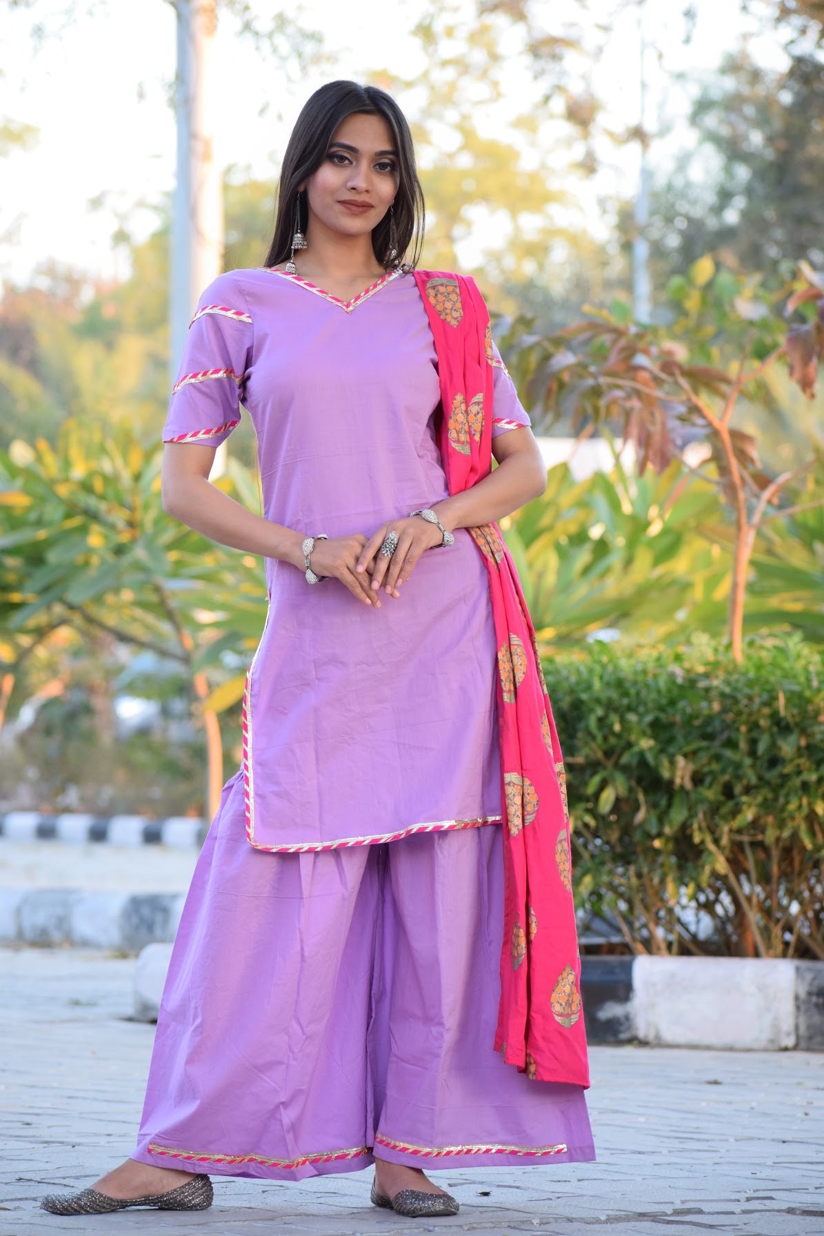 Lavender Pink Foil Sharara Set