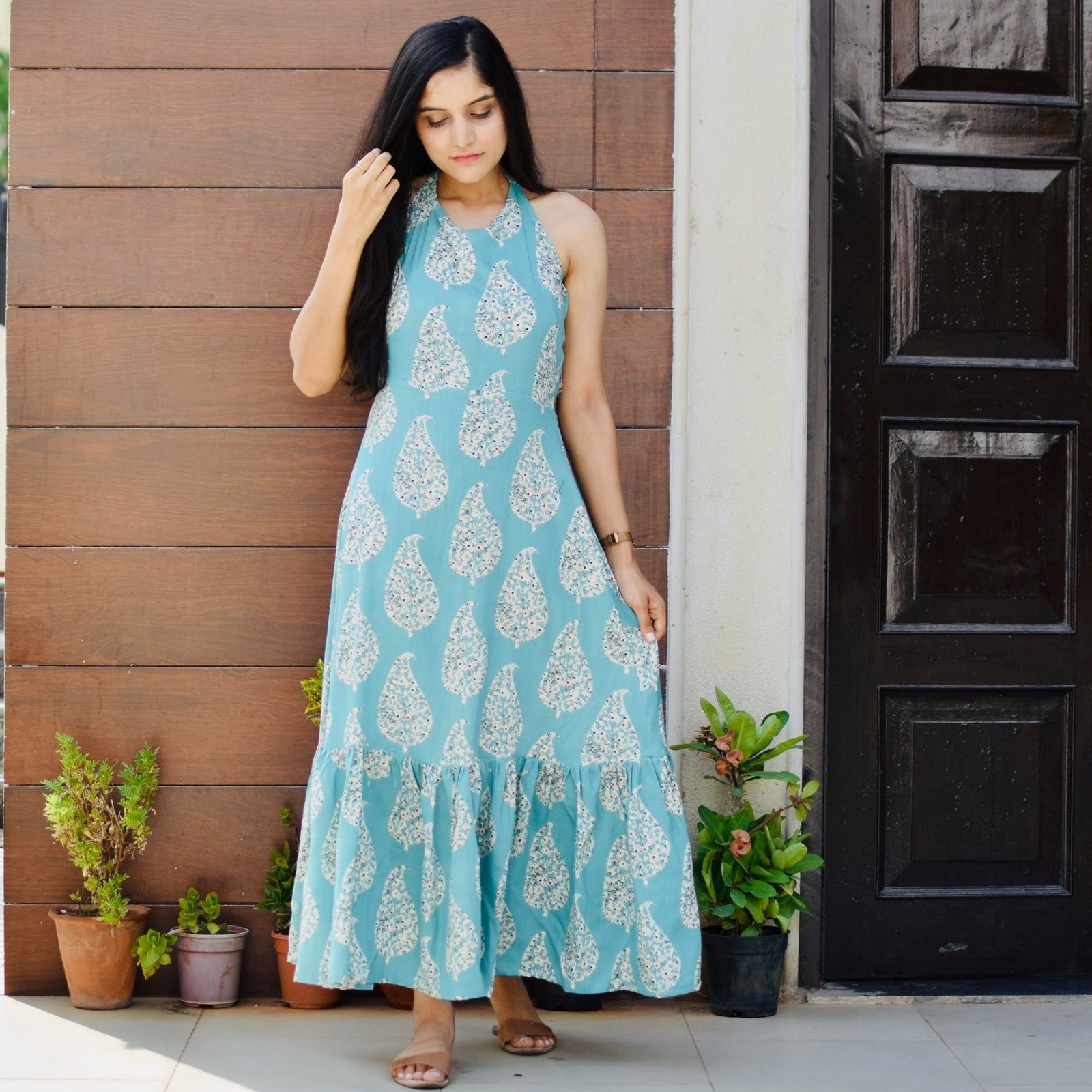 blue paisley halter dress Venus Deep V-Neck Halter Maxi Dress Patched Paisley Blue VENUS