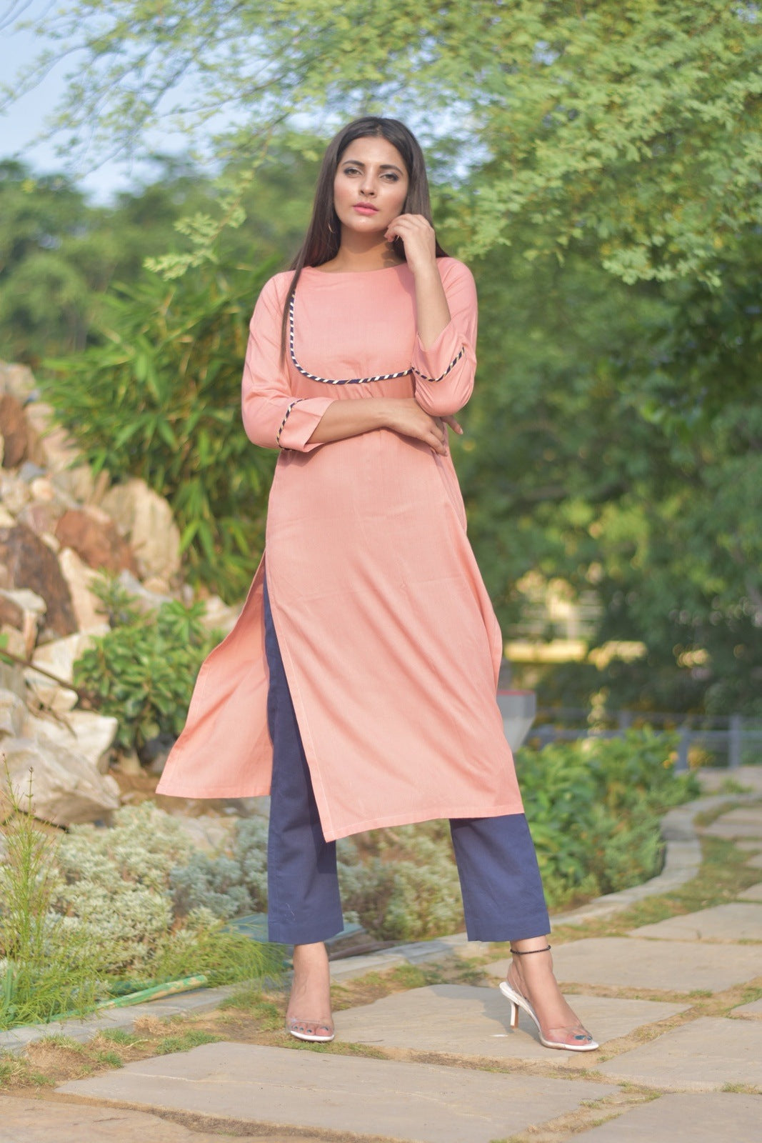 Peach Yoke Design Kurta Set