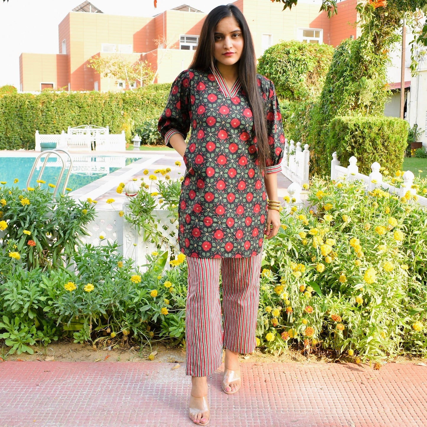 Black Floral Cord Set
