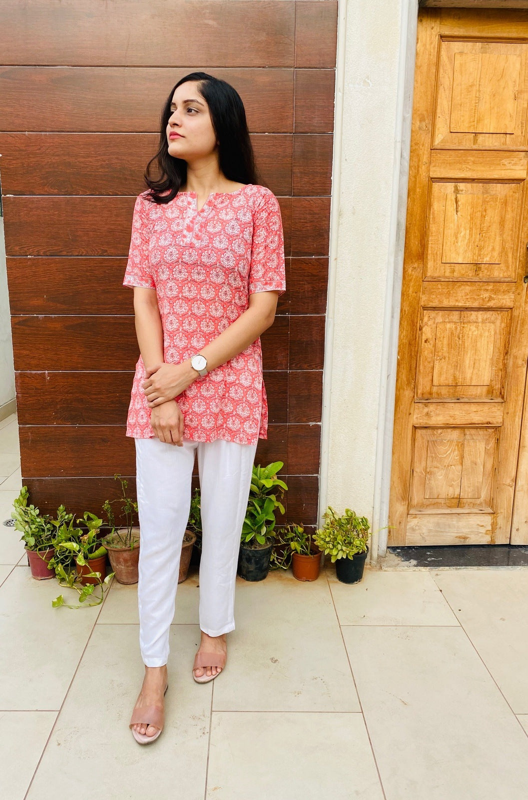 Pink Handblock Floral Kurta Set