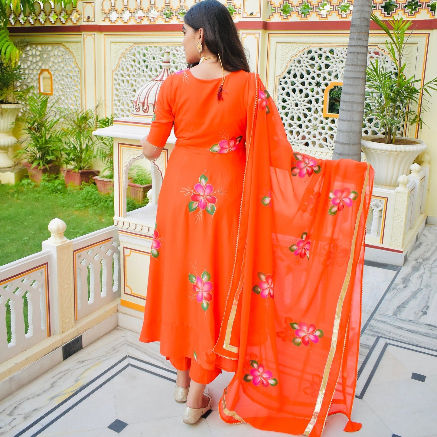 Orange Handpainted Angrakha Suit Set