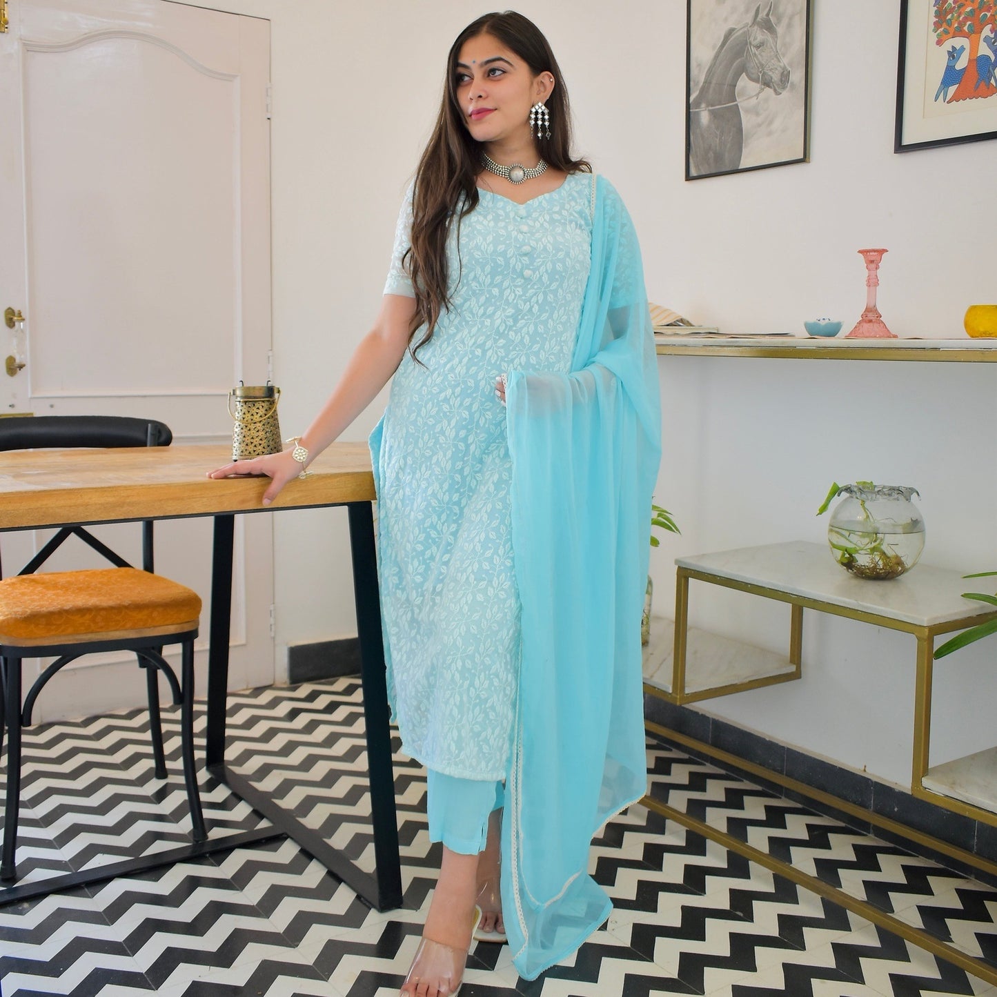 Sky Thread Embroidered Suit Set