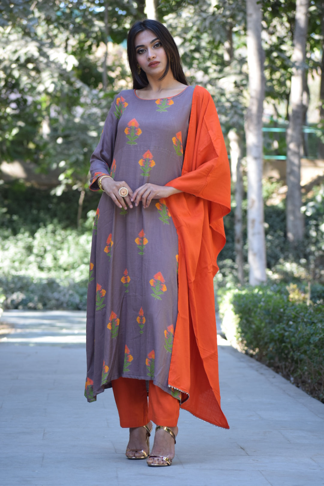 Grey Orange Printed Suit Set