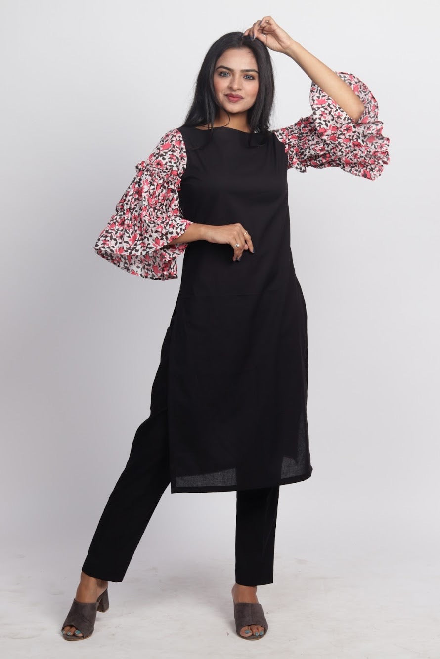 Black Frilled Sleeves Kurta Set