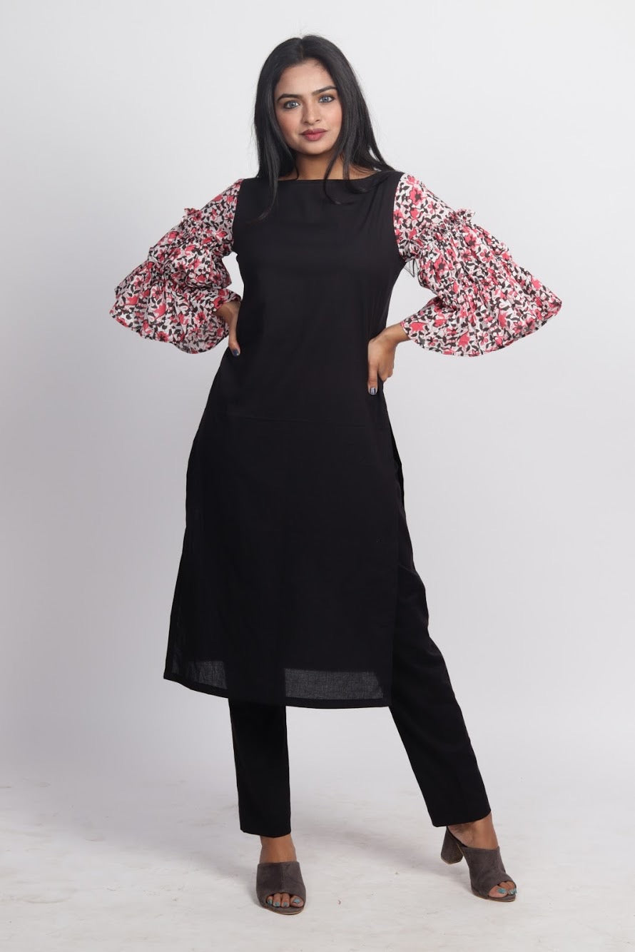 Black Frilled Sleeves Kurta Set