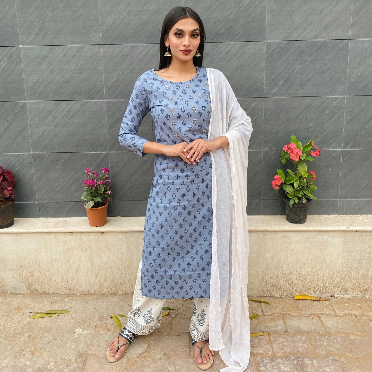 Powder Blue Bead Work Suit Set