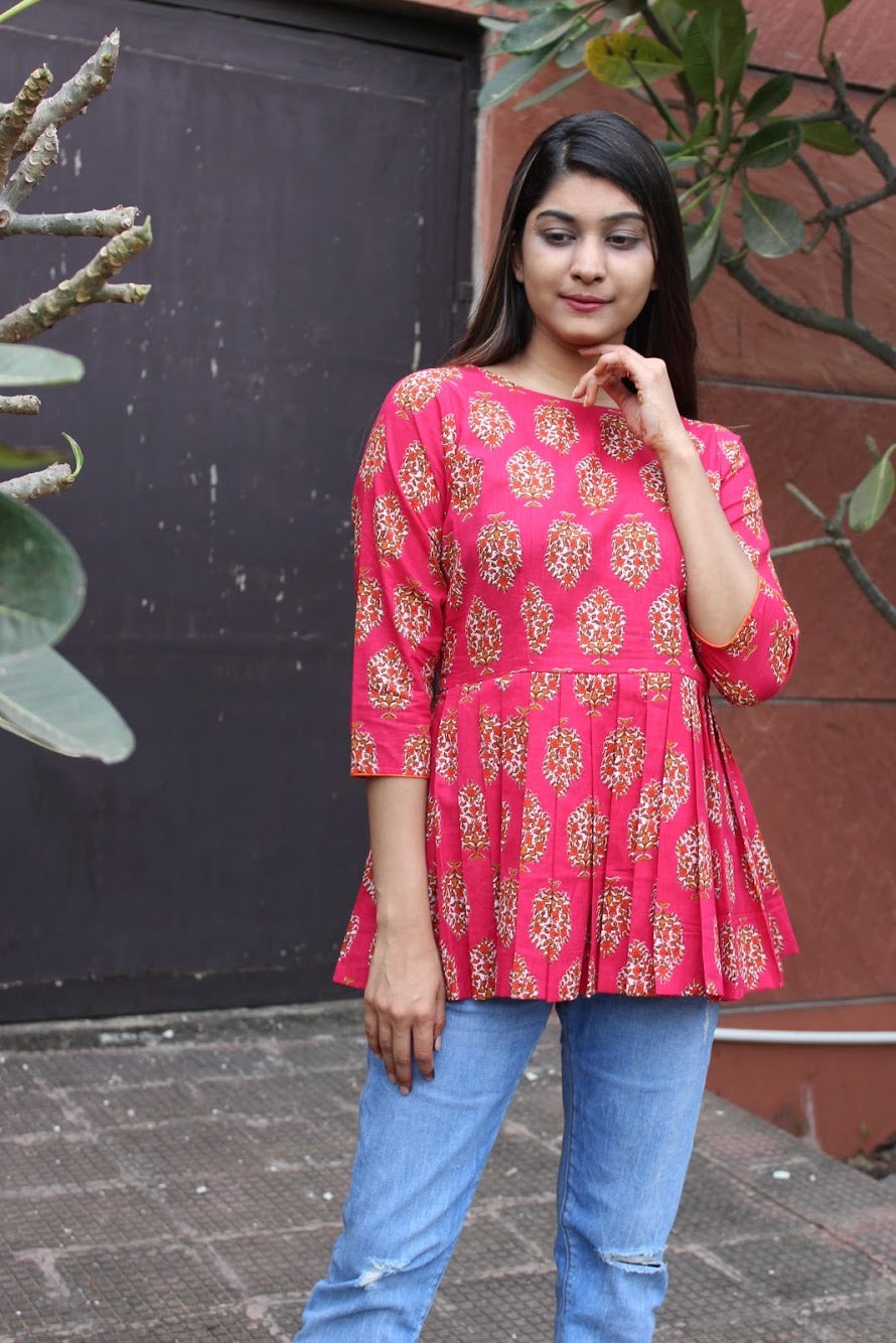 Pink Handblock Pleated Top