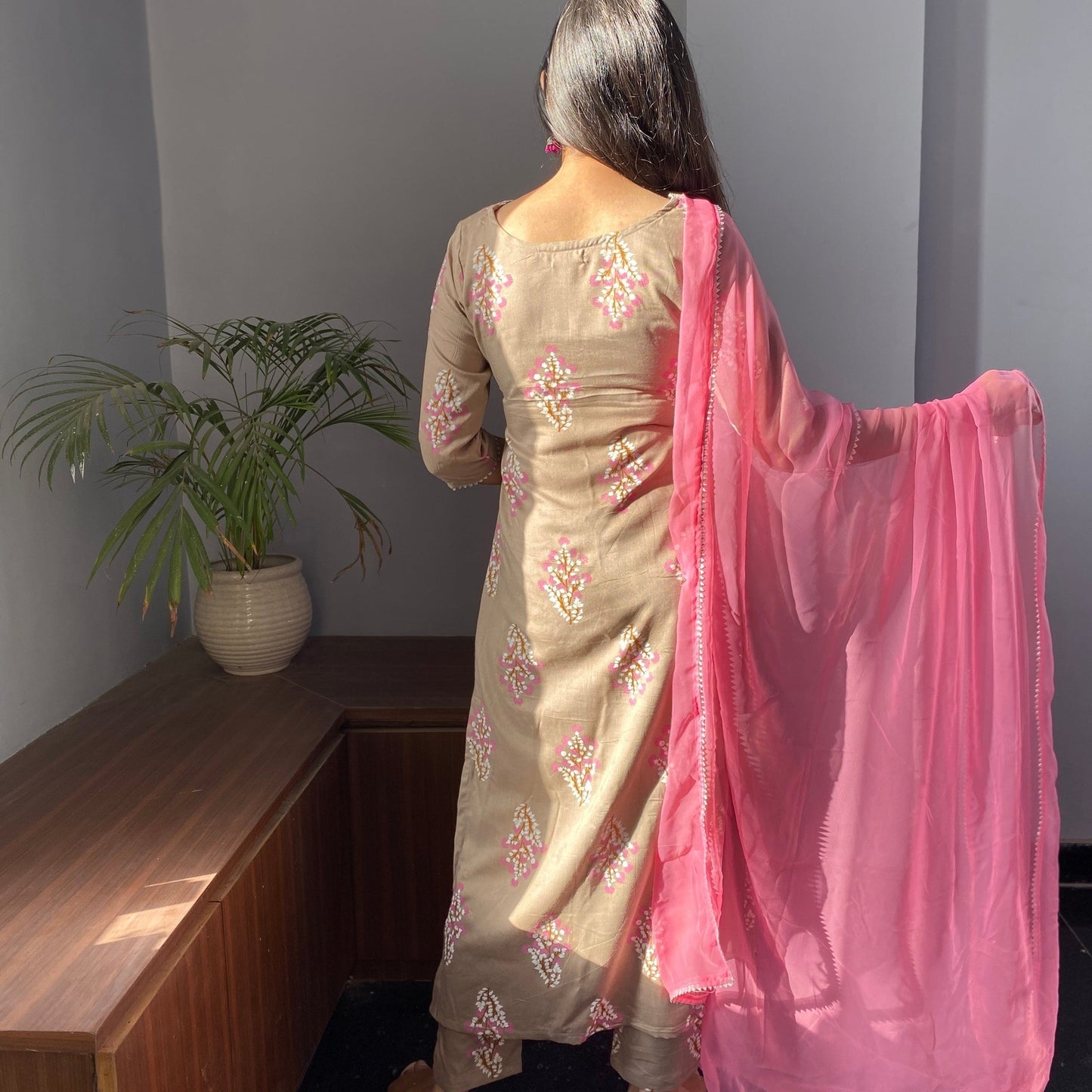 Beige Pink Floral Suit Set