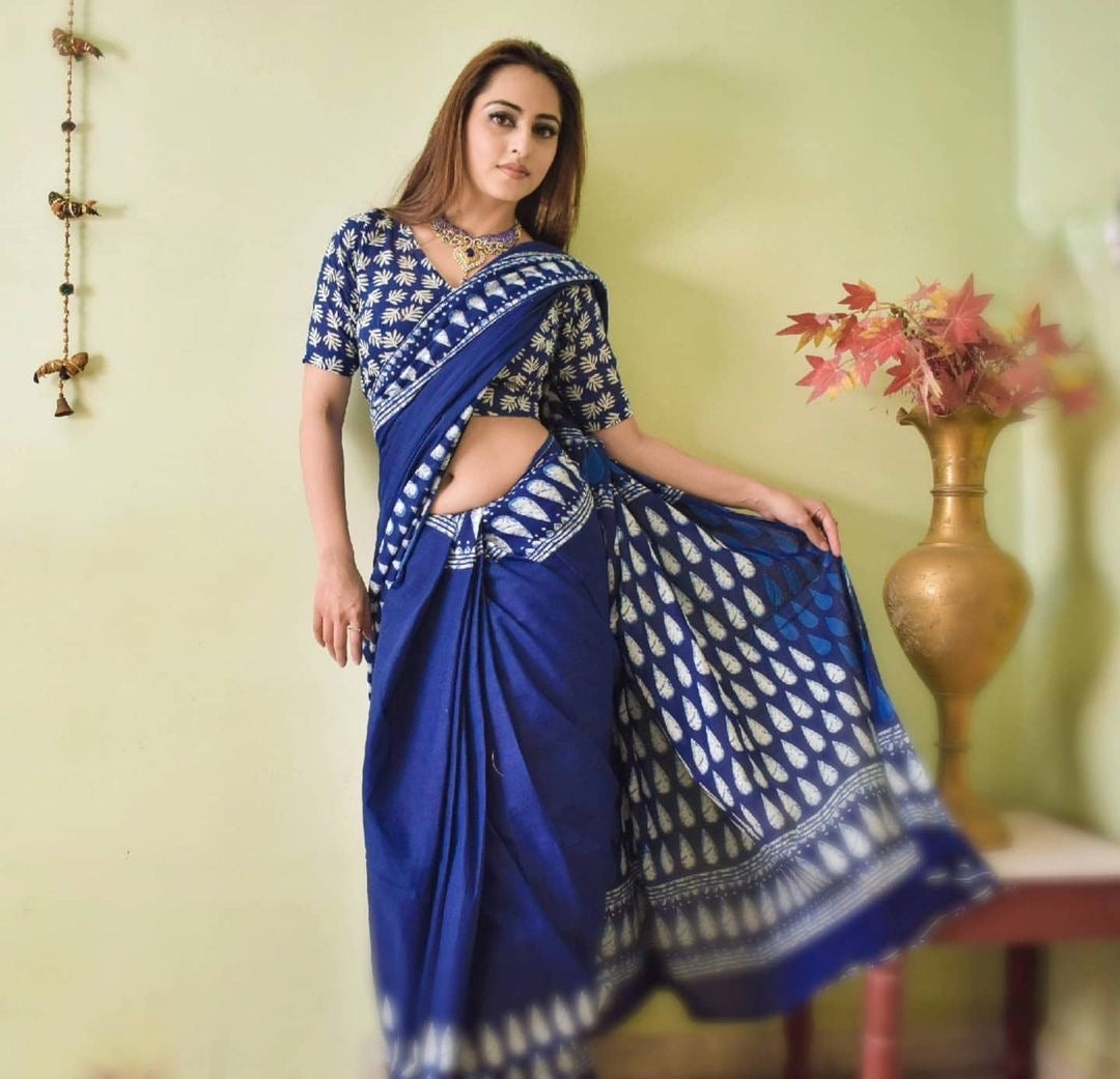 Indigo Cotton Printed Saree