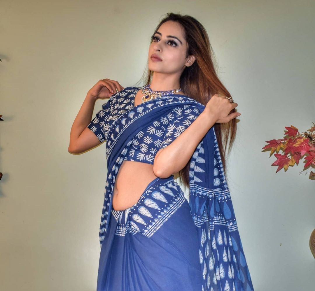 Indigo Cotton Printed Saree