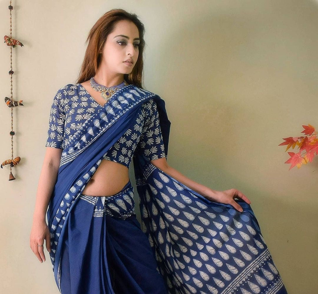 Indigo Cotton Printed Saree