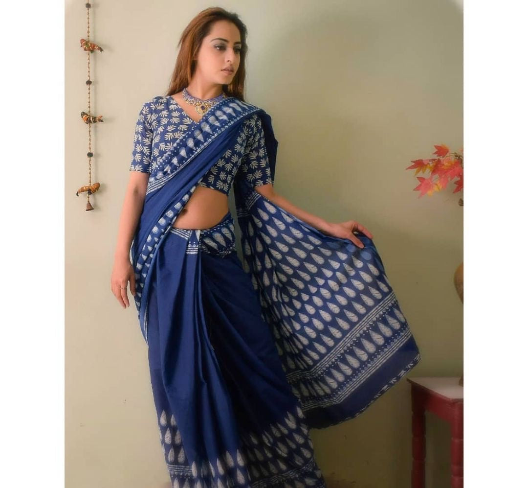 Indigo Cotton Printed Saree