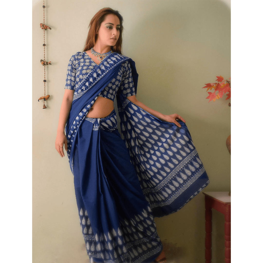 Indigo Cotton Printed Saree
