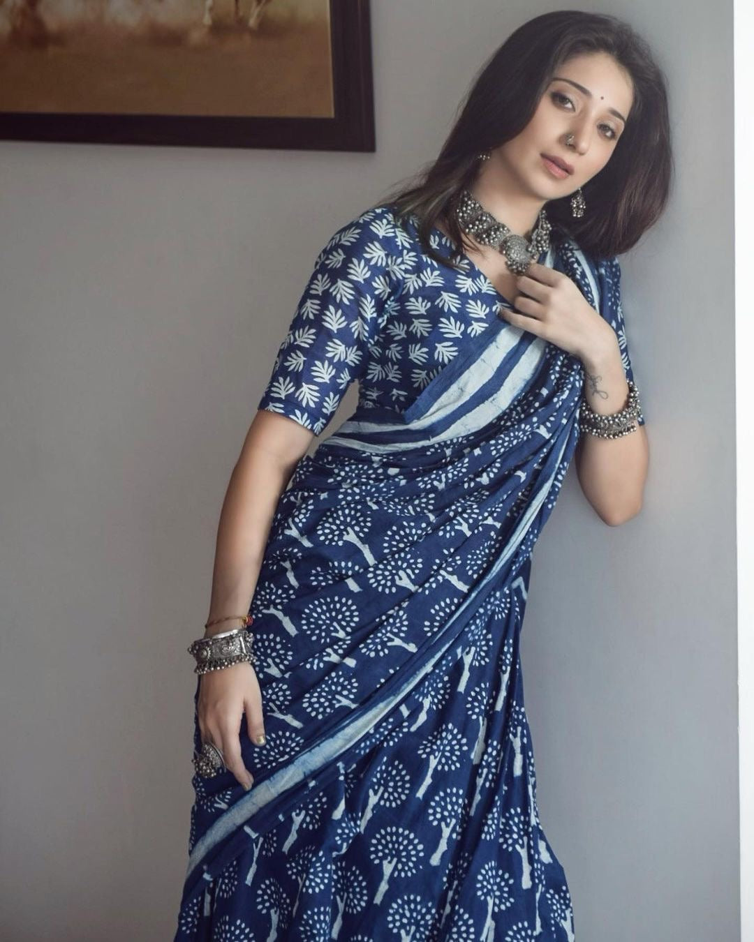 Indigo Tree Printed Cotton Saree