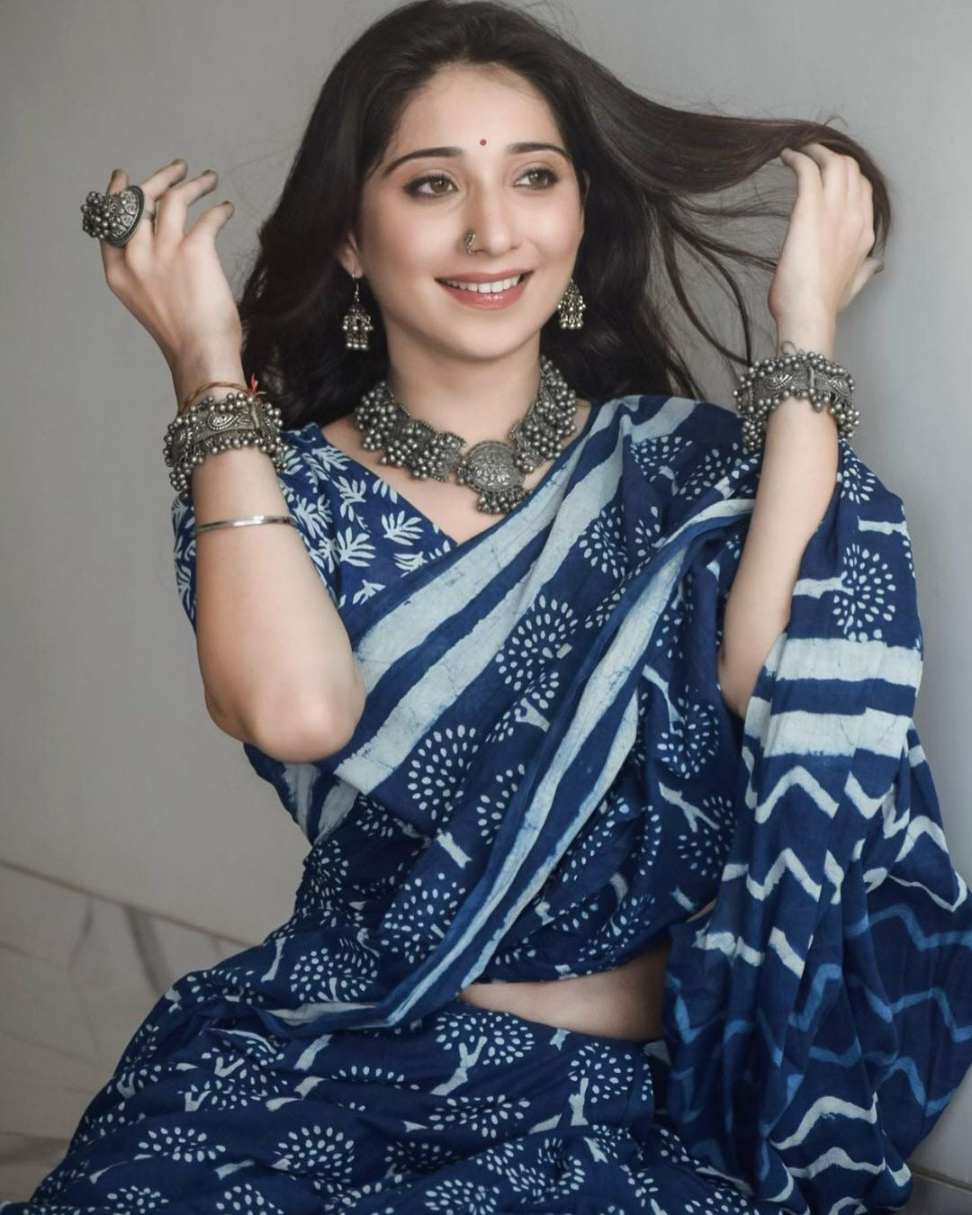 Indigo Tree Printed Cotton Saree