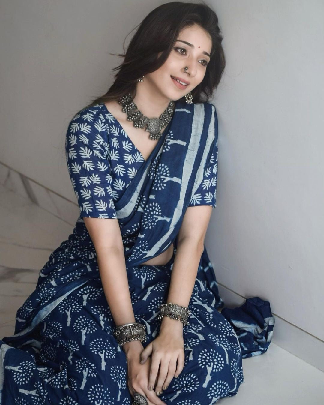 Indigo Tree Printed Cotton Saree