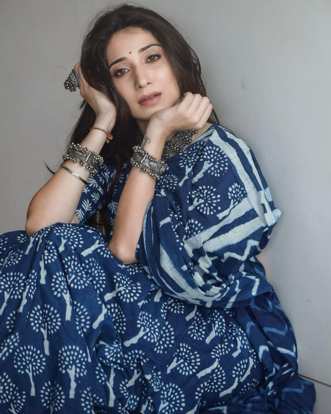 Indigo Tree Printed Cotton Saree