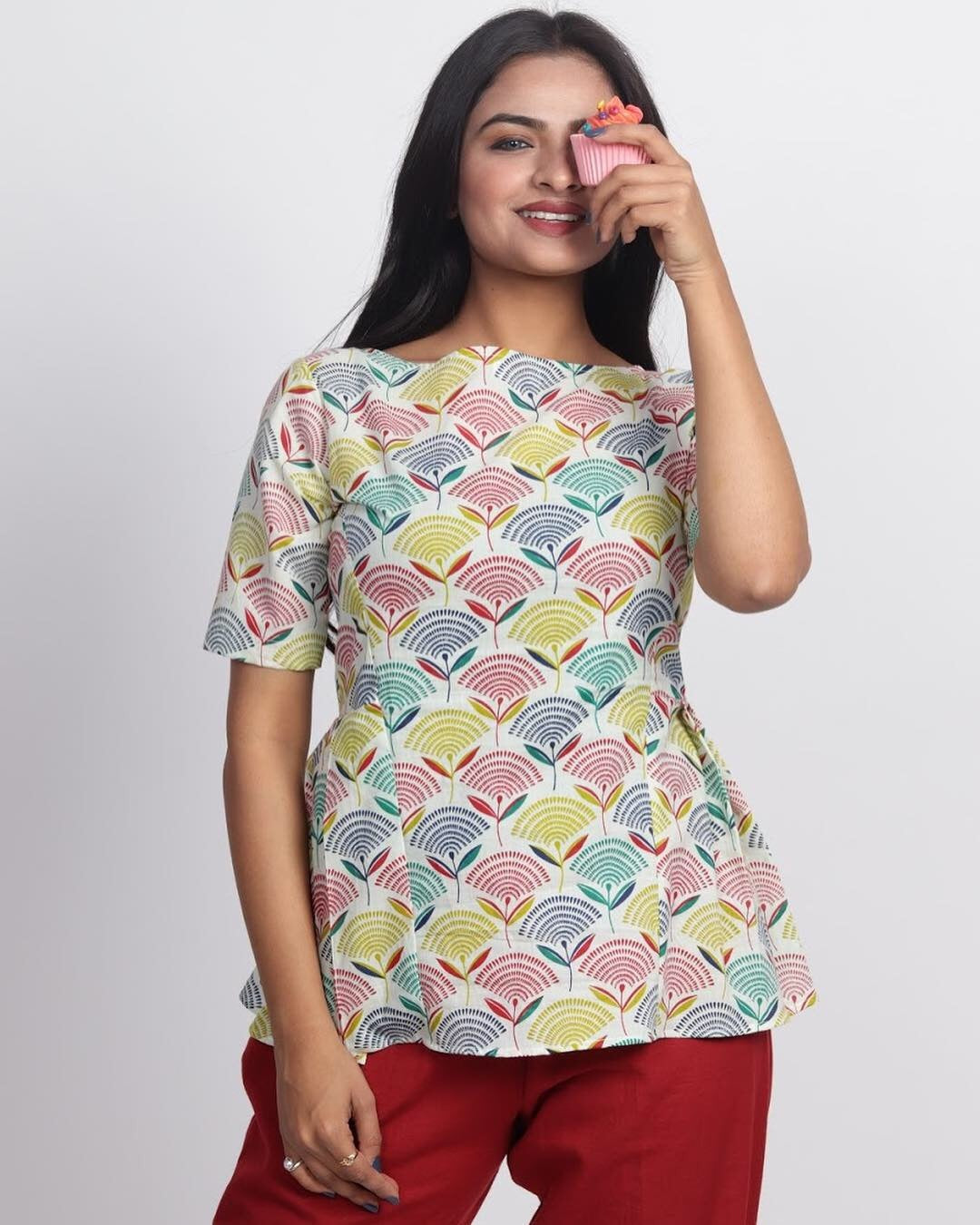 White Printed Pleated Top