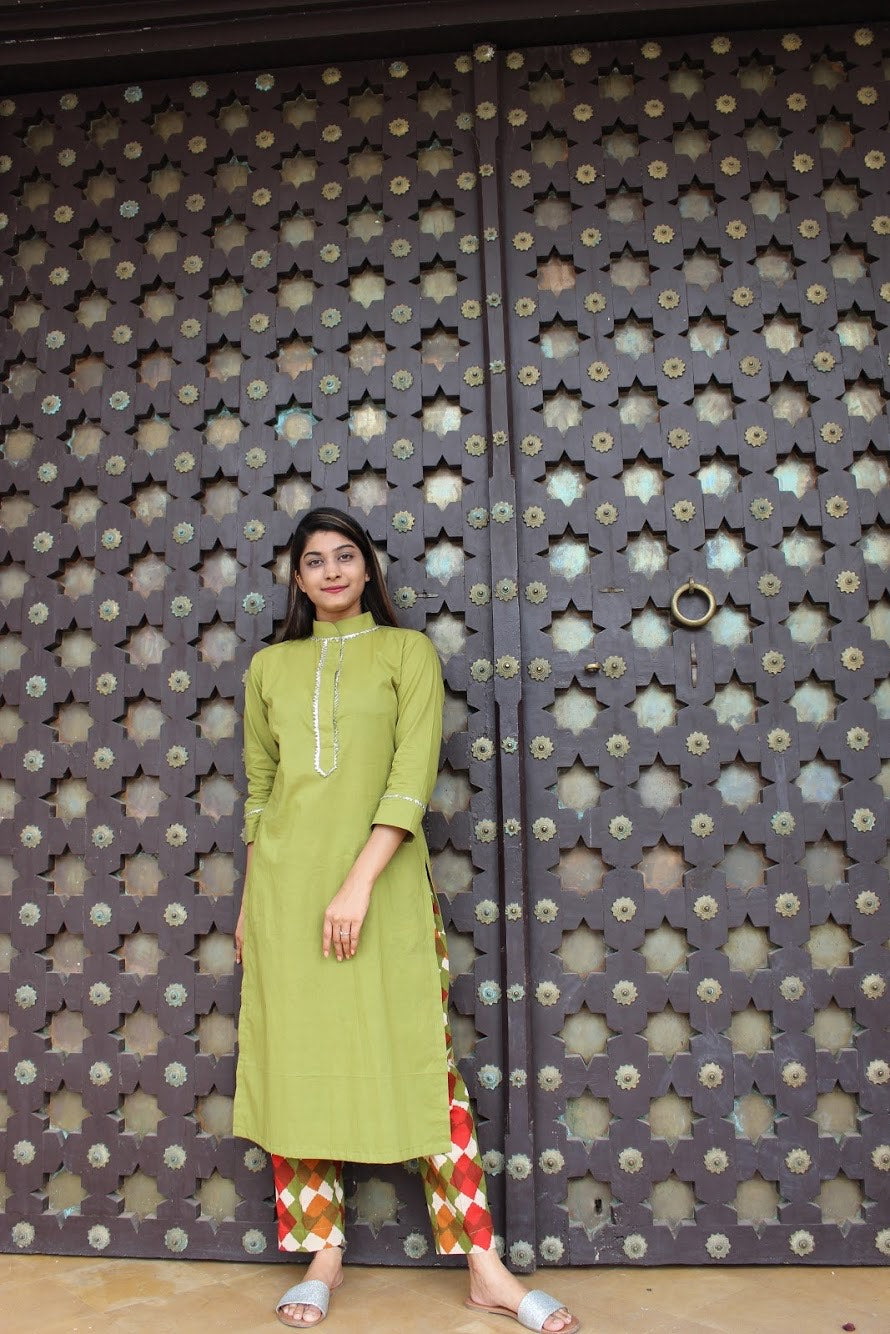Green Colour Block Kurta Set