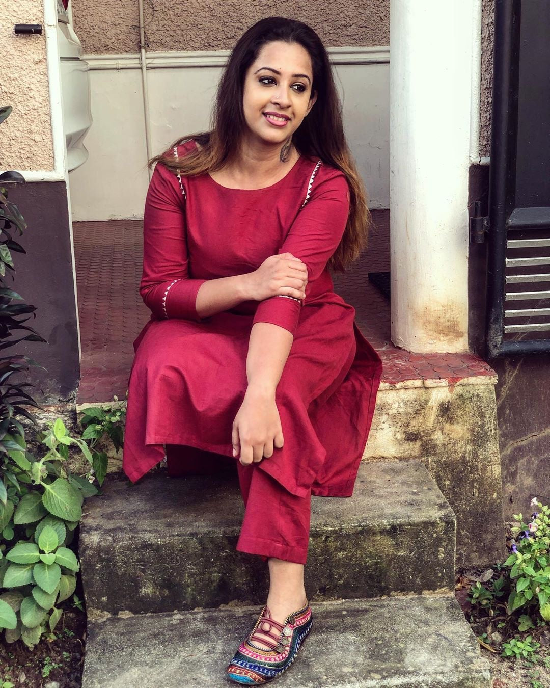 Maroon Yoke Design Kurta Set