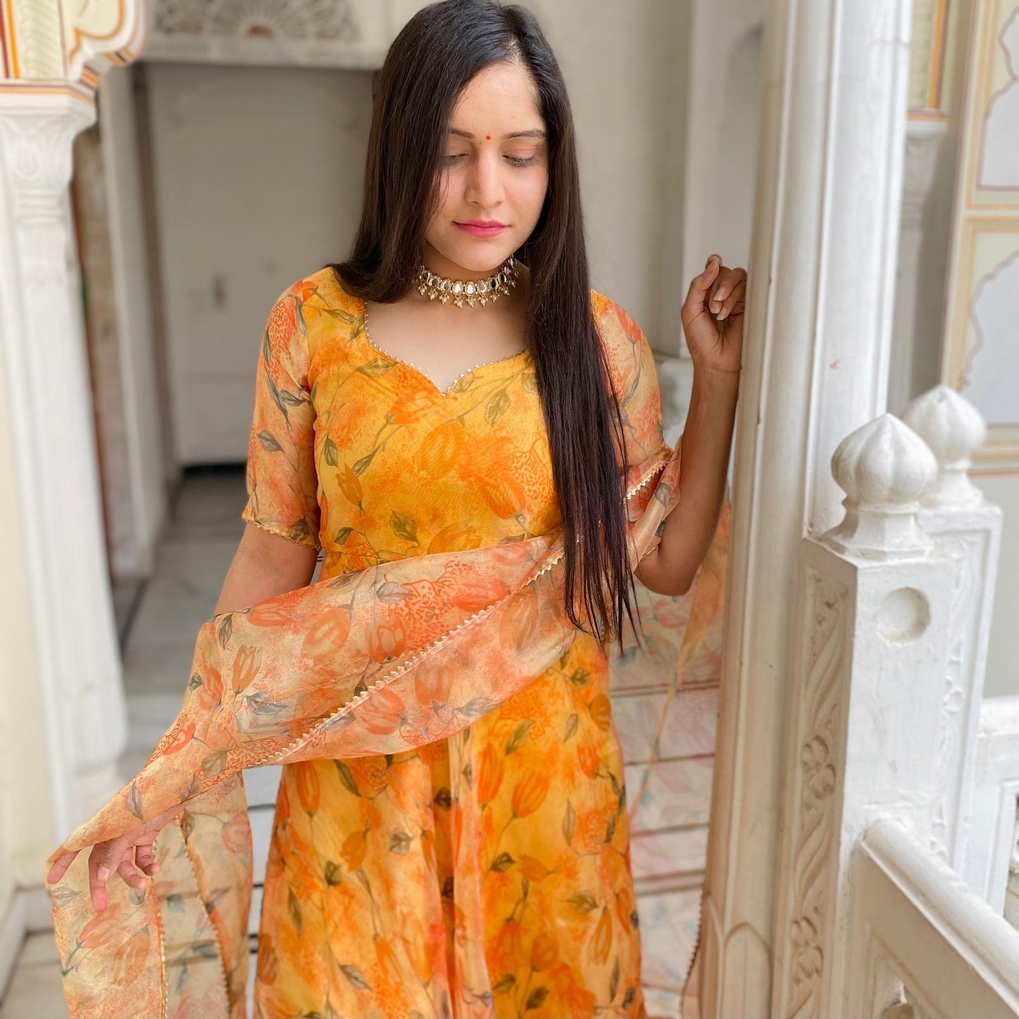 Lotus Handpainted Organza Suit Set