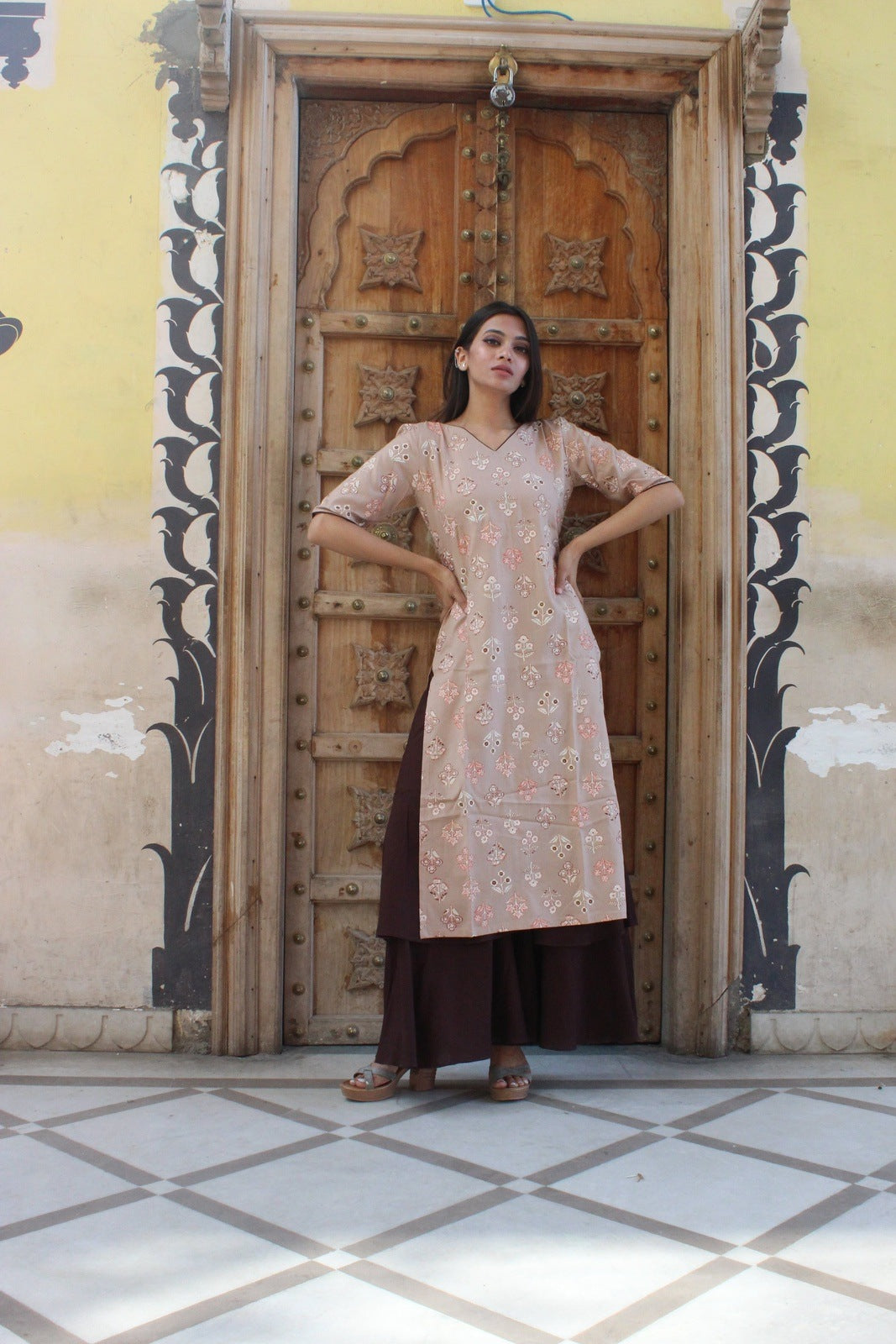 Coffee Print And Solid Kurta Set