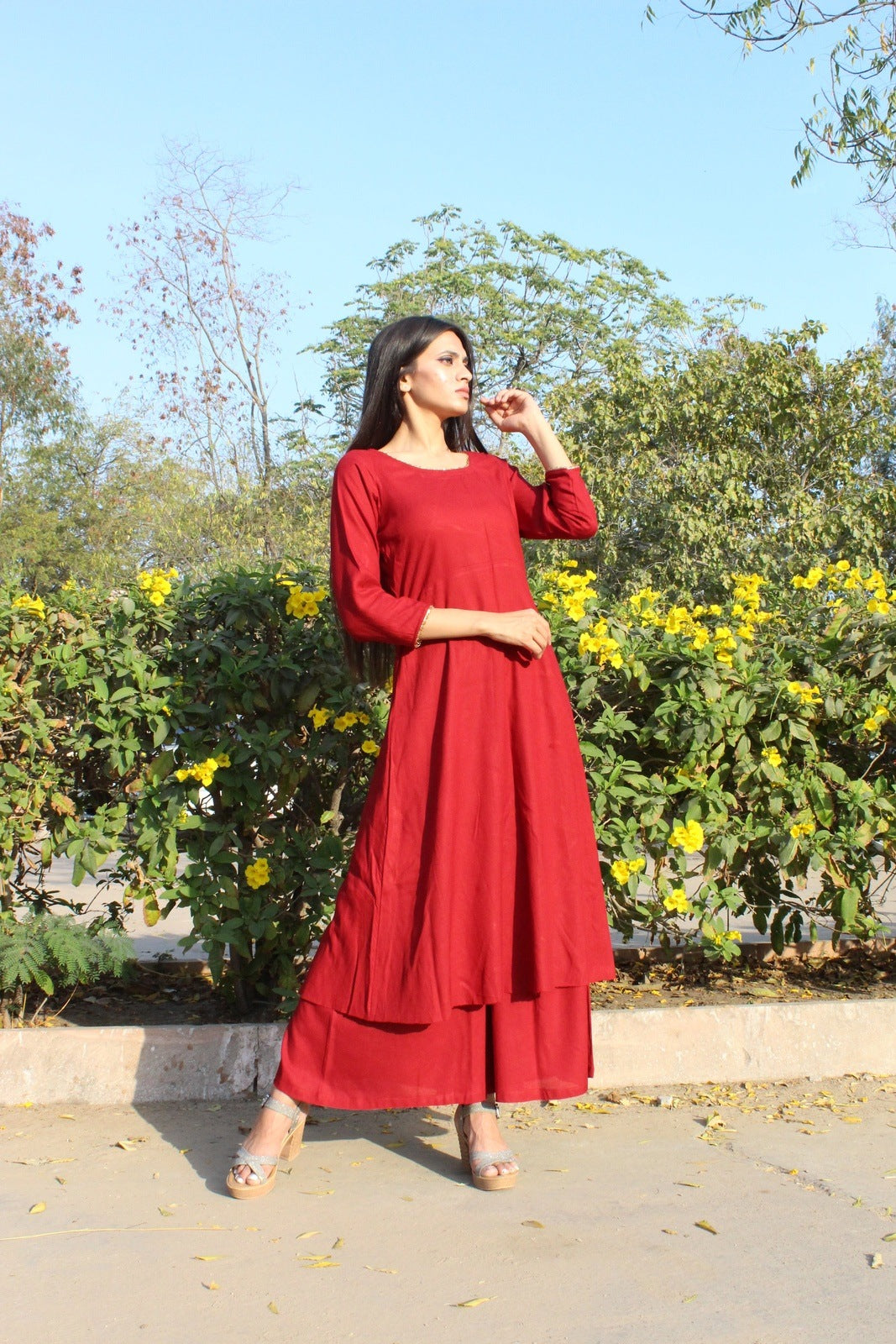 Maroon Solid Kurta Set