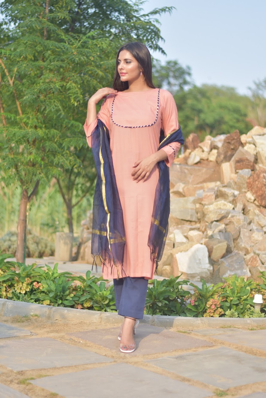 Peach Yoke Design Suit Set