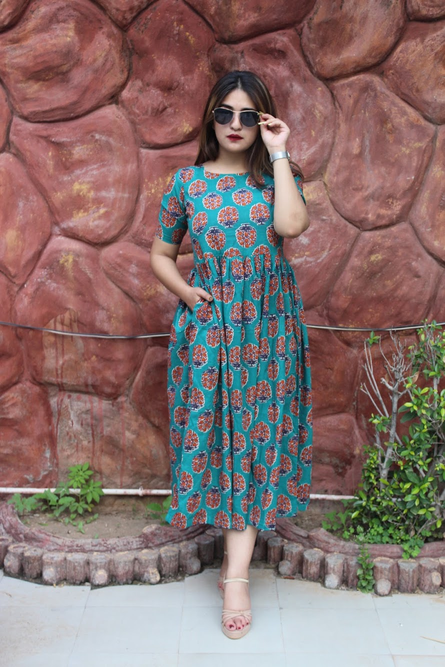 Sea Green Handblock Pocket Dress