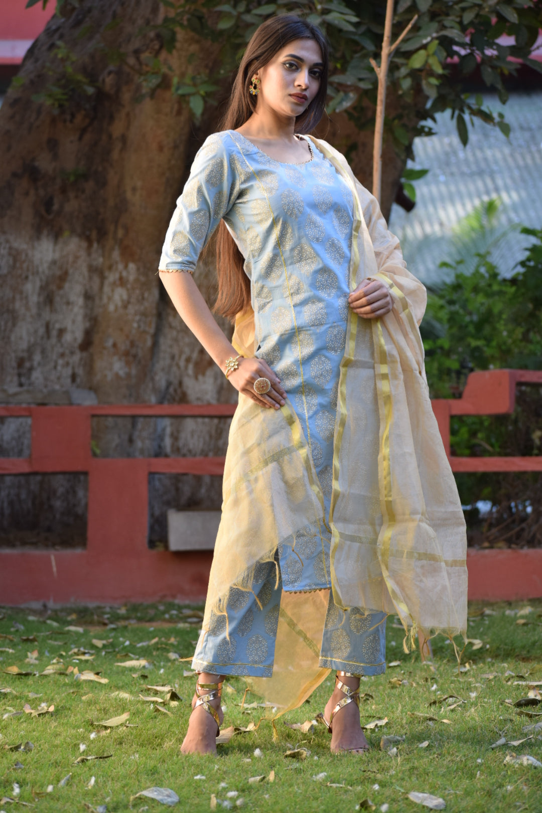 Powder Blue-Gold Handblock Suit Set