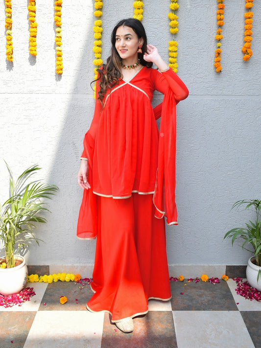 Bright Red Georgette Suit Set