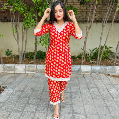 Red Floral Cord Set