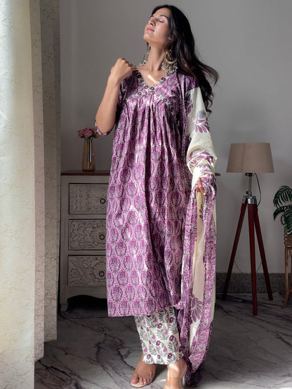 Purple Alia Handblock Suit Set