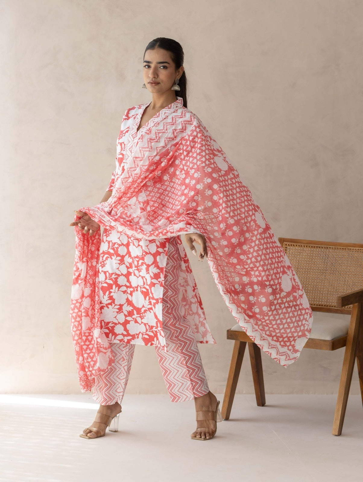 Red Handblock Printed Suit Set