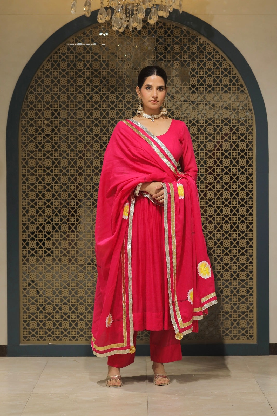 Pink Mulmul Handpainted Anarkali Suit Set