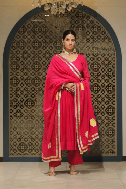 Pink Mulmul Handpainted Anarkali Suit Set