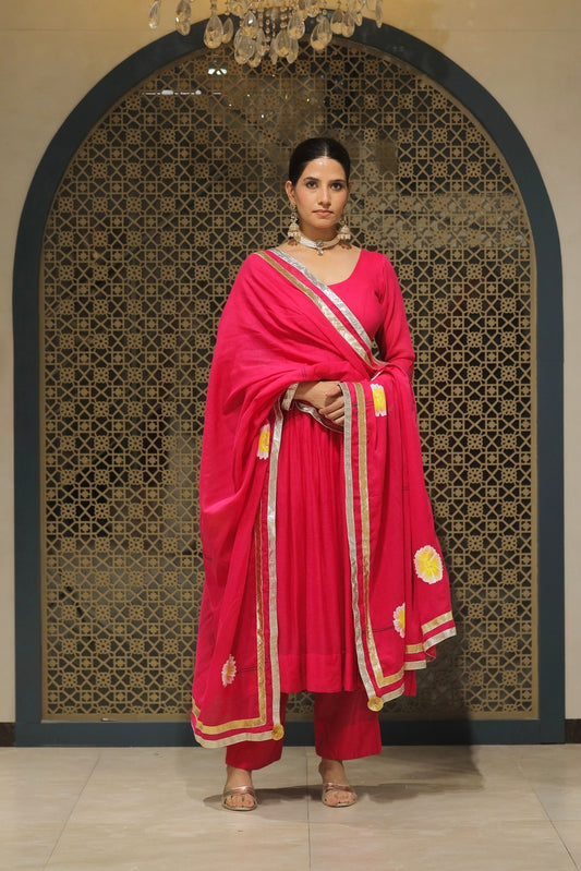 Pink Mulmul Handpainted Anarkali Suit Set