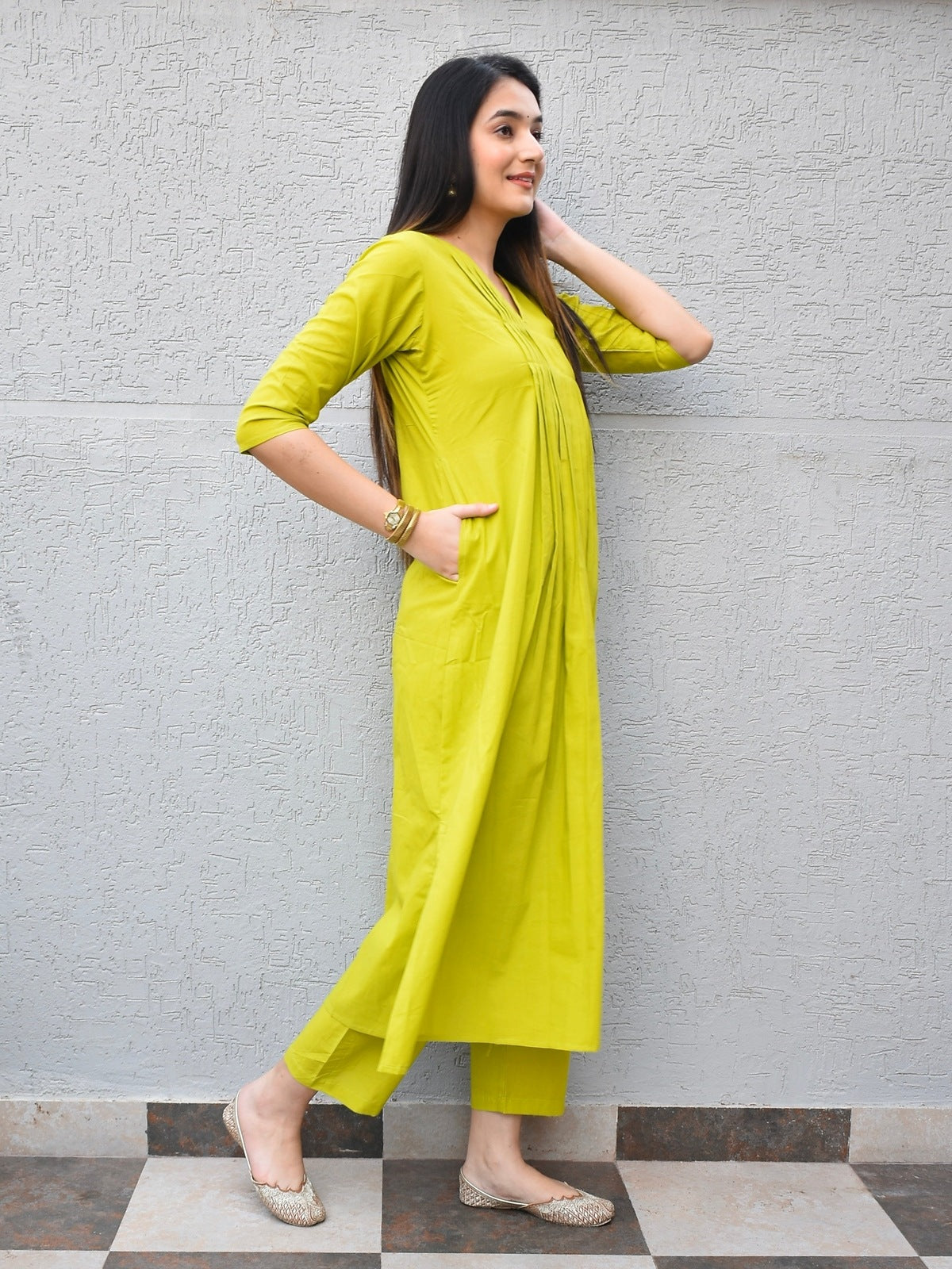 Lime Pintuck Cotton Kurta Set