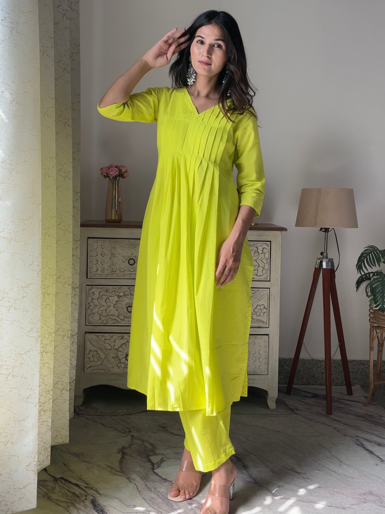 Lime Pintuck Cotton Kurta Set